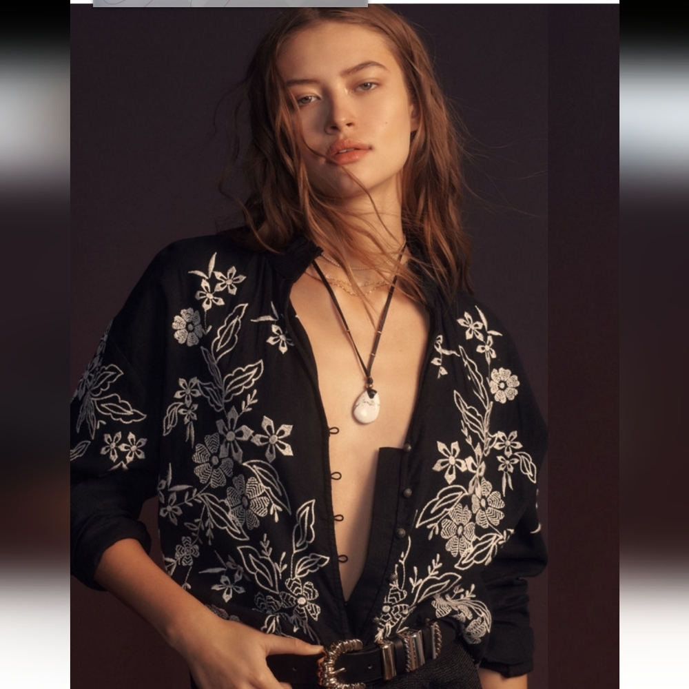 New!Y2kCalypso Floral Embroidered Linen Button Down Women Blouse Long Sleeve Top